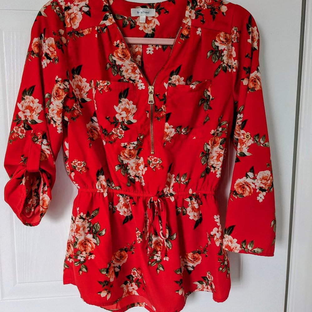 Stella Tweed red floral zip up chiffon blouse